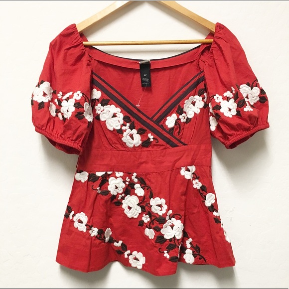 Anthropologie Tops - Anthropologie Lithe red embroidered floral blouse
